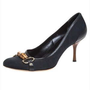 Gucci Black GG Canvas And Leather Trim Bamboo Horsebit Pumps